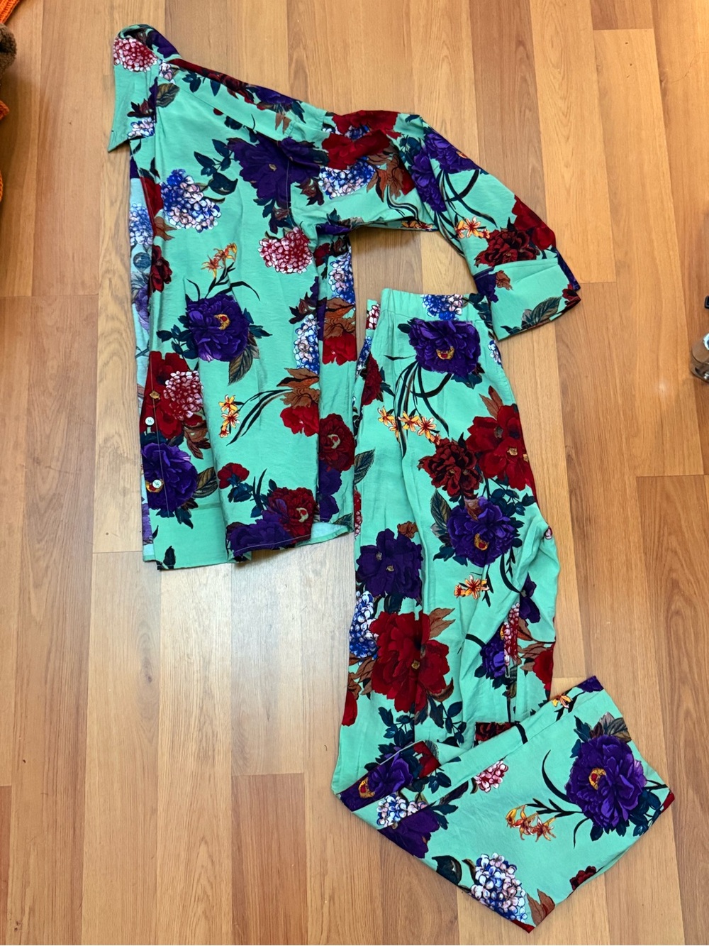 H&M Mint Floral Pajama Set with Red & Purple Flowers